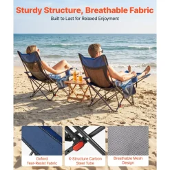 VEVOR Reclining Camping Chair, 4 Adjustable Positions, Portable Folding Lounger for Adults, Mesh Beach Chair with Headrest & Foot Rest, Supports 220 lbs, Heavy Duty Camp Chairs for Patio, Blue