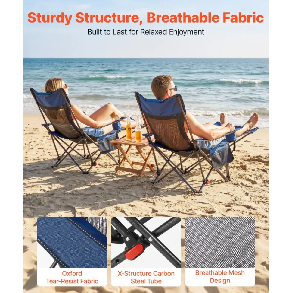 VEVOR Reclining Camping Chair, 4 Adjustable Positions, Portable Folding Lounger for Adults, Mesh Beach Chair with Headrest & Foot Rest, Supports 220 lbs, Heavy Duty Camp Chairs for Patio, Blue