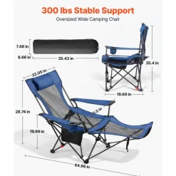 VEVOR Reclining Camping Chair, 4 Adjustable Positions, Portable Folding Lounger for Adults, Mesh Beach Chair with Headrest & Foot Rest, Supports 220 lbs, Heavy Duty Camp Chairs for Patio, Blue