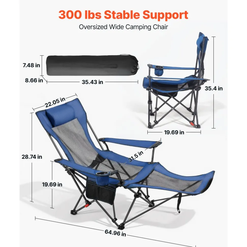 VEVOR Reclining Camping Chair, 4 Adjustable Positions, Portable Folding Lounger for Adults, Mesh Beach Chair with Headrest & Foot Rest, Supports 220 lbs, Heavy Duty Camp Chairs for Patio, Blue