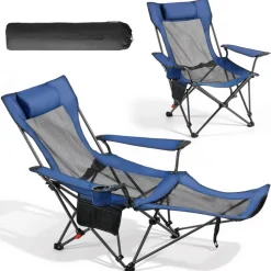 VEVOR Reclining Camping Chair, 4 Adjustable Positions, Portable Folding Lounger for Adults, Mesh Beach Chair with Headrest & Foot Rest, Supports 220 lbs, Heavy Duty Camp Chairs for Patio, Blue