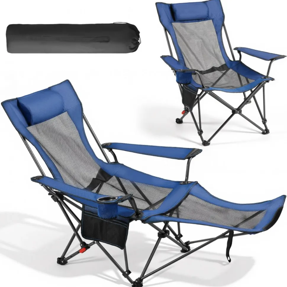 VEVOR Reclining Camping Chair, 4 Adjustable Positions, Portable Folding Lounger for Adults, Mesh Beach Chair with Headrest & Foot Rest, Supports 220 lbs, Heavy Duty Camp Chairs for Patio, Blue