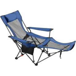 VEVOR Reclining Camping Chair, 4 Adjustable Positions, Portable Folding Lounger for Adults, Mesh Beach Chair with Headrest & Foot Rest, Supports 220 lbs, Heavy Duty Camp Chairs for Patio, Blue
