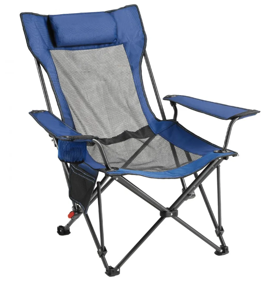 VEVOR Reclining Camping Chair, 4 Adjustable Positions, Portable Folding Lounger for Adults, Mesh Beach Chair with Headrest & Foot Rest, Supports 220 lbs, Heavy Duty Camp Chairs for Patio, Blue