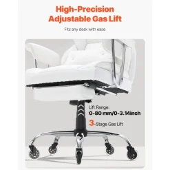 VEVOR Reclining Office Chair with Footrest, Heavy Duty PU Leather Wide Office Chair, Big and Tall Executive Office Chairs with Lumbar Support, Strong Metal Base Quiet Wheels, White