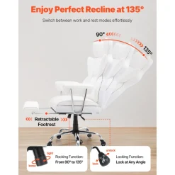 VEVOR Reclining Office Chair with Footrest, Heavy Duty PU Leather Wide Office Chair, Big and Tall Executive Office Chairs with Lumbar Support, Strong Metal Base Quiet Wheels, White