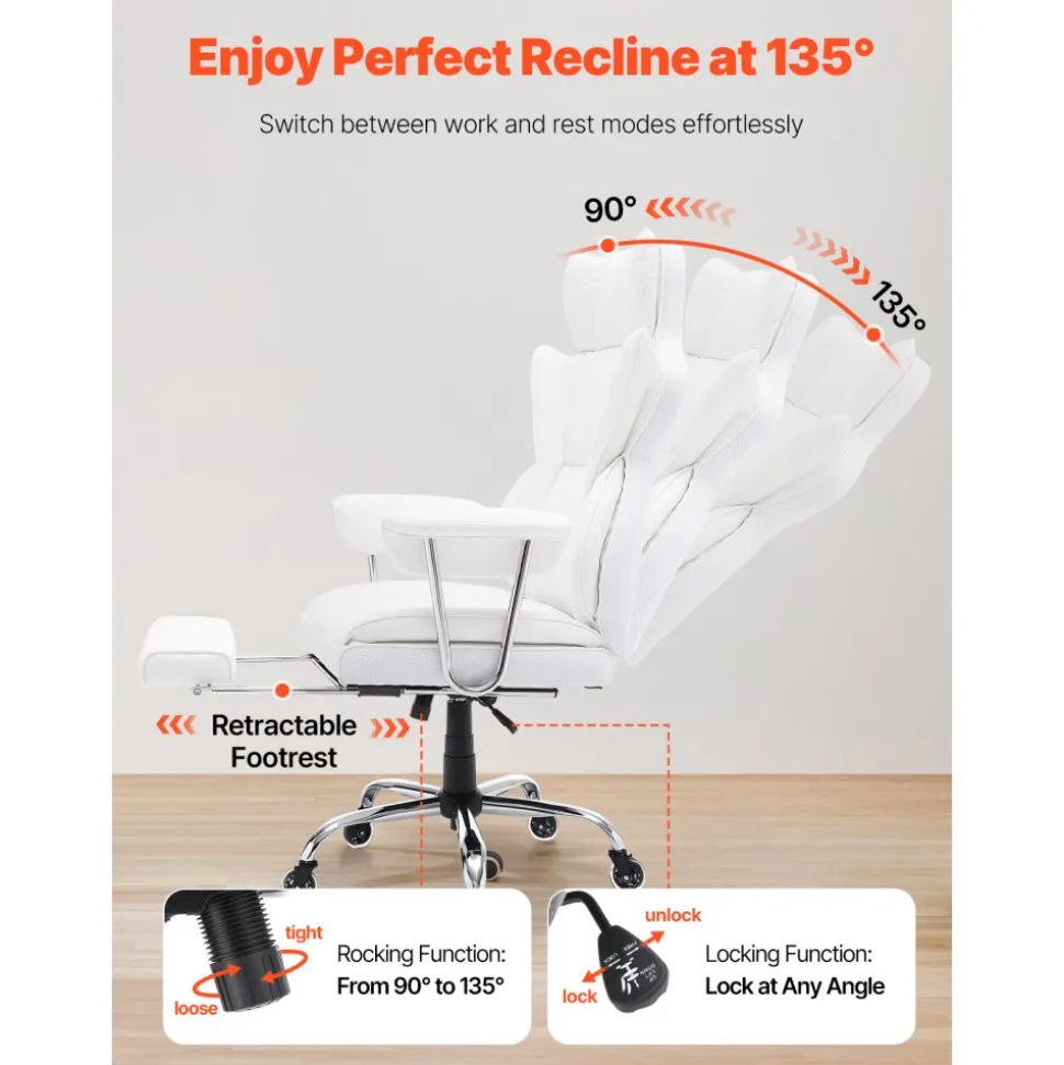 VEVOR Reclining Office Chair with Footrest, Heavy Duty PU Leather Wide Office Chair, Big and Tall Executive Office Chairs with Lumbar Support, Strong Metal Base Quiet Wheels, White
