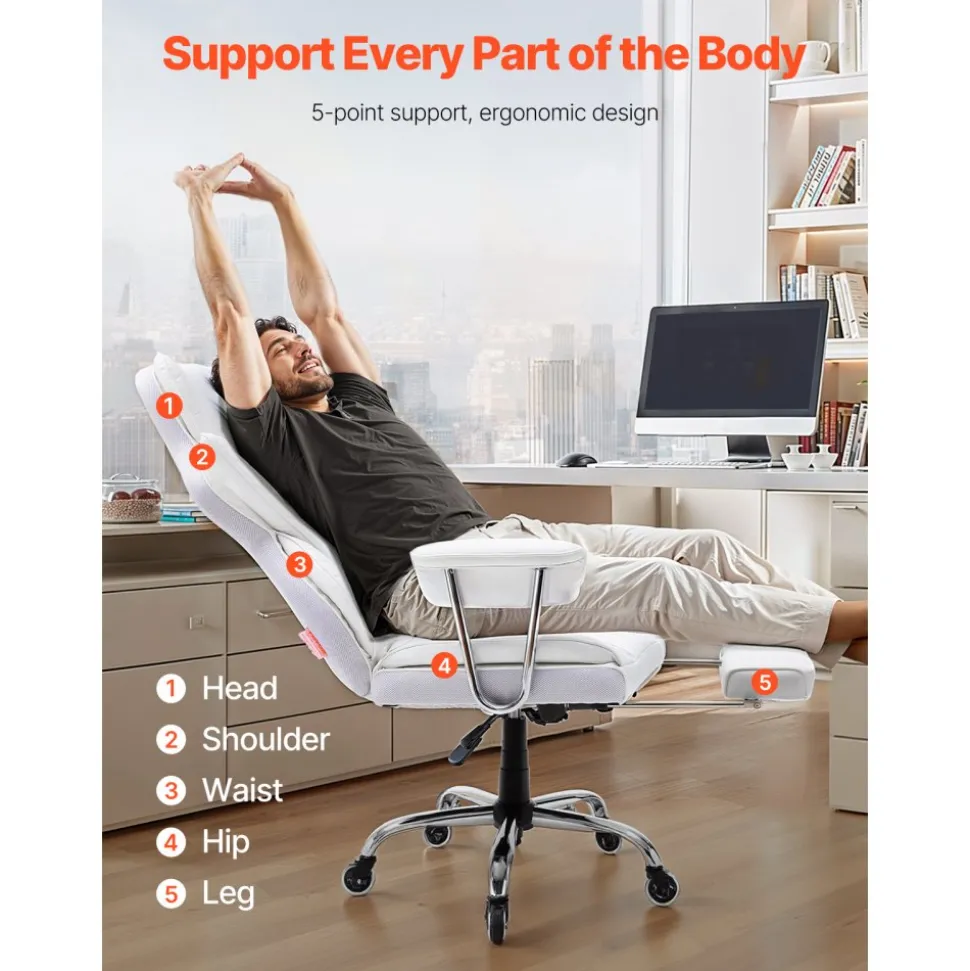 VEVOR Reclining Office Chair with Footrest, Heavy Duty PU Leather Wide Office Chair, Big and Tall Executive Office Chairs with Lumbar Support, Strong Metal Base Quiet Wheels, White