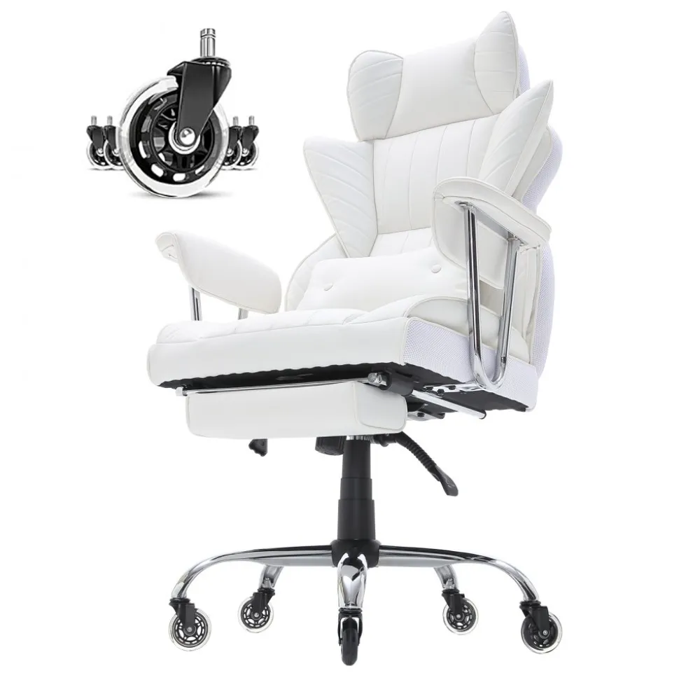 VEVOR Reclining Office Chair with Footrest, Heavy Duty PU Leather Wide Office Chair, Big and Tall Executive Office Chairs with Lumbar Support, Strong Metal Base Quiet Wheels, White