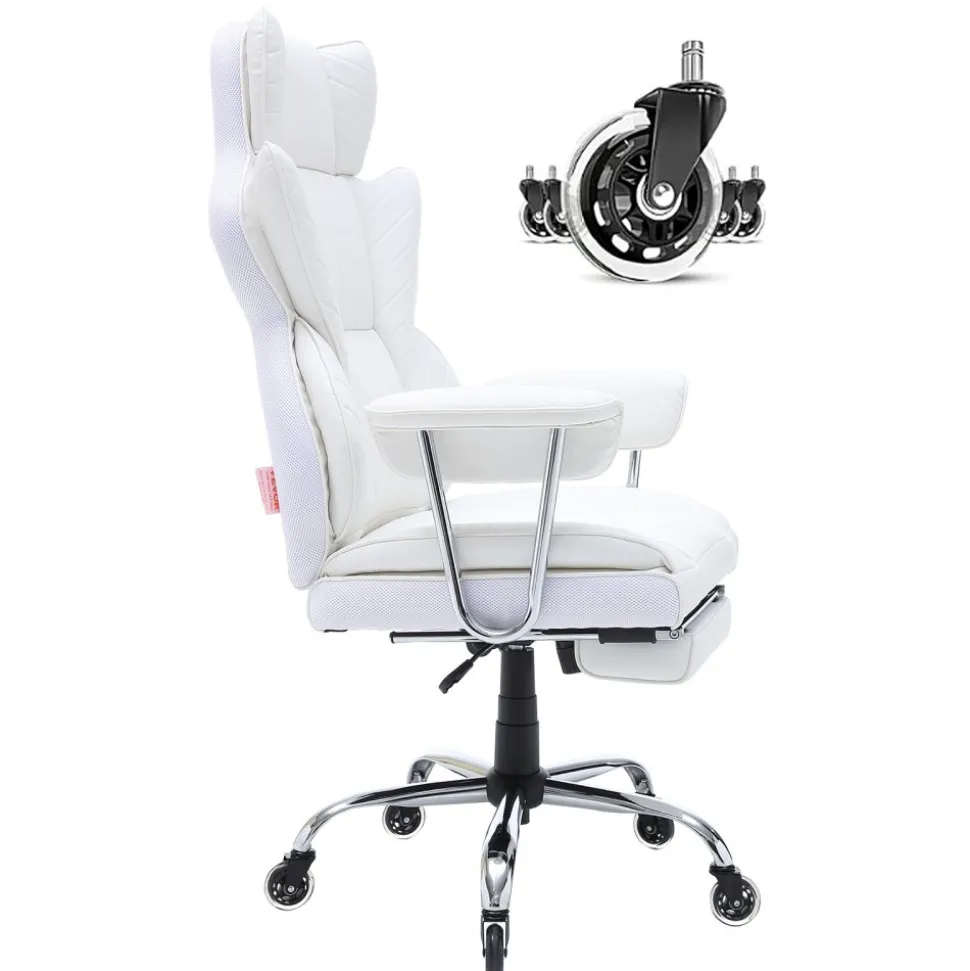 VEVOR Reclining Office Chair with Footrest, Heavy Duty PU Leather Wide Office Chair, Big and Tall Executive Office Chairs with Lumbar Support, Strong Metal Base Quiet Wheels, White