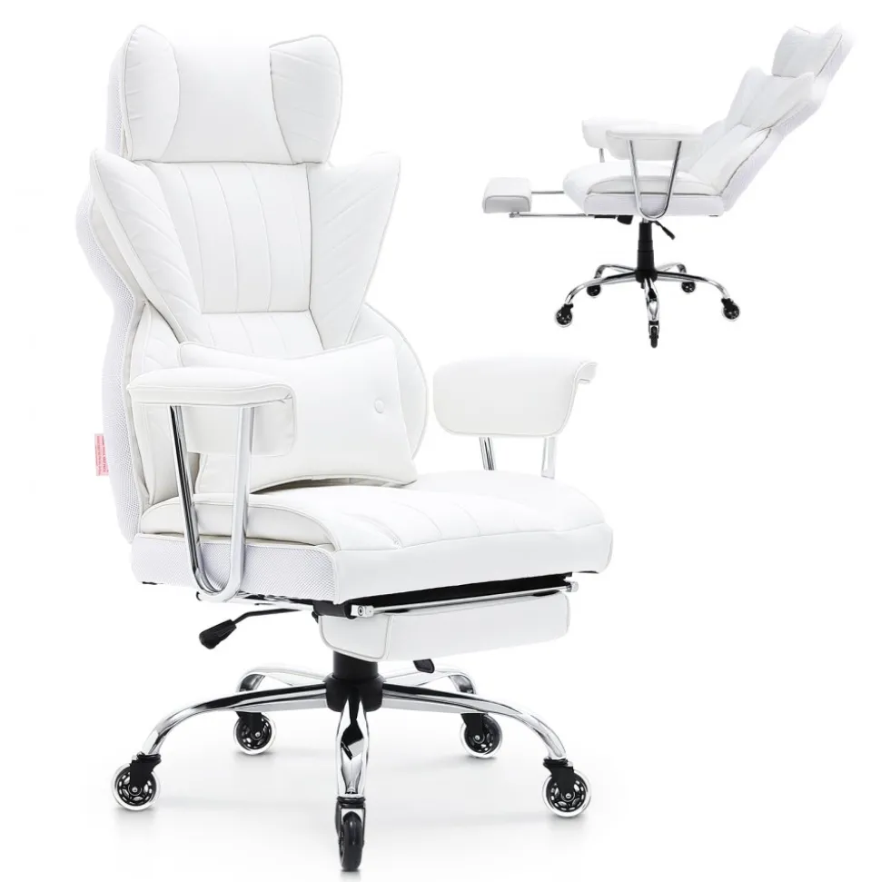 VEVOR Reclining Office Chair with Footrest, Heavy Duty PU Leather Wide Office Chair, Big and Tall Executive Office Chairs with Lumbar Support, Strong Metal Base Quiet Wheels, White