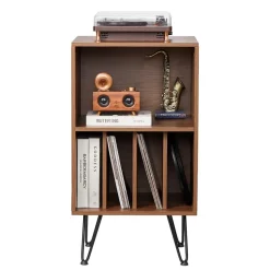 VEVOR Record Player Stand, 3 Tiers Turntable Stand with Record Storage, Vinyl Record Storage Cabinet with Metal Legs for Bedroom, Living Room, Brown