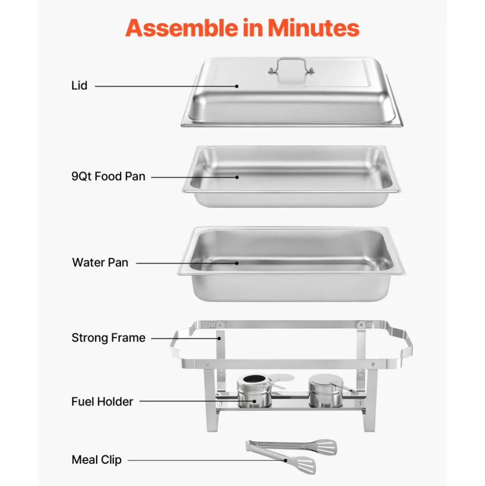 VEVOR Rectangle Chafing Dish, 9 Qt 6 Pack Stainless Steel Chafing Dish, Food Warmer Chafer Complete Set with Hollow Handle, 3 Food Tongs, Lid, Fuel Holder, Chafer Dishes for Banquet Party Wedding