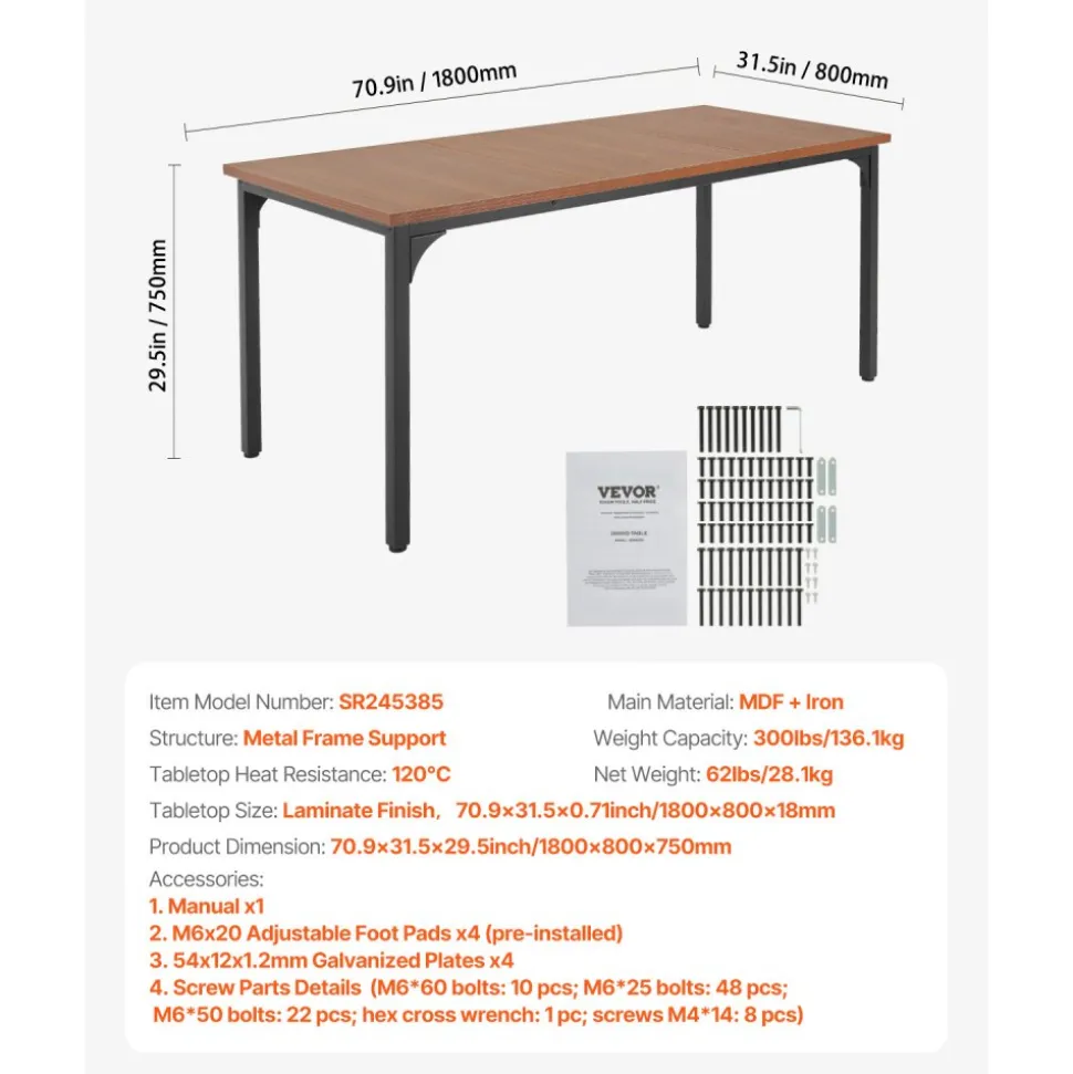 VEVOR Rectangle Dining Table, 71 inch Length Large Wood Tables for 6-8 Person, Farmhouse Dinner Furniture, Rustic Conference Desk with Iron Legs, for Home Kitchen Living Room, Brown(Only Table)