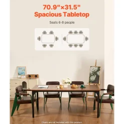 VEVOR Rectangle Dining Table, 71 inch Length Large Wood Tables for 6-8 Person, Farmhouse Dinner Furniture, Rustic Conference Desk with Iron Legs, for Home Kitchen Living Room, Brown(Only Table)