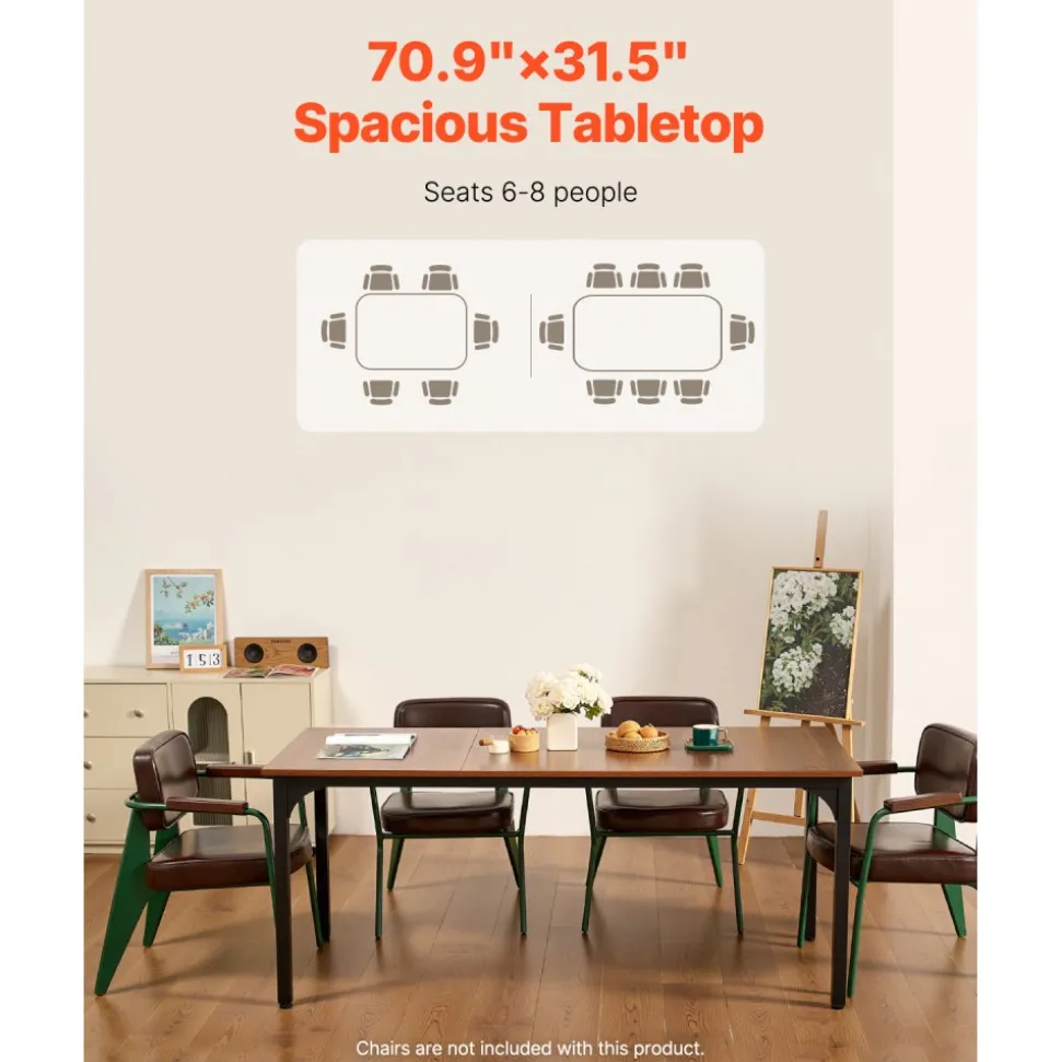VEVOR Rectangle Dining Table, 71 inch Length Large Wood Tables for 6-8 Person, Farmhouse Dinner Furniture, Rustic Conference Desk with Iron Legs, for Home Kitchen Living Room, Brown(Only Table)