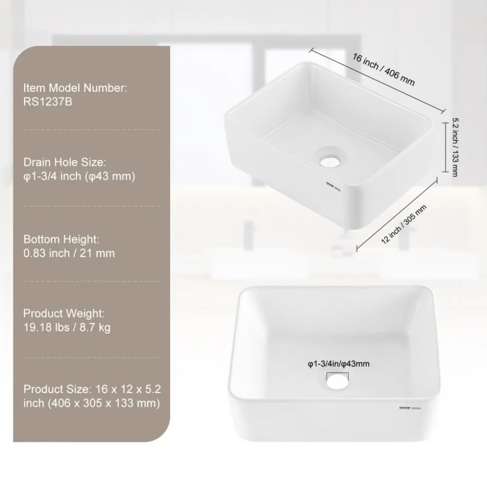 VEVOR Rectangle Vessel Sink, 16" x 12" Bathroom Vessel Sink Countertop, White Ceramic Bathroom Sinks Above Counter, Modern Style, Bright and Elegant, Well-Packaged for Bathroom, Hotel, Toilet, RV