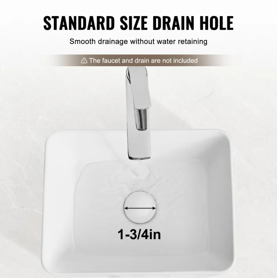 VEVOR Rectangle Vessel Sink, 16" x 12" Bathroom Vessel Sink Countertop, White Ceramic Bathroom Sinks Above Counter, Modern Style, Bright and Elegant, Well-Packaged for Bathroom, Hotel, Toilet, RV