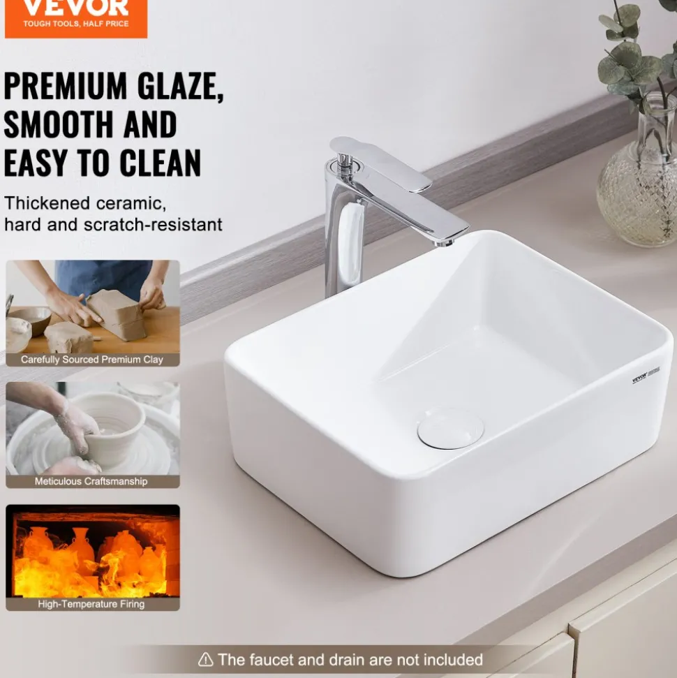 VEVOR Rectangle Vessel Sink, 16" x 12" Bathroom Vessel Sink Countertop, White Ceramic Bathroom Sinks Above Counter, Modern Style, Bright and Elegant, Well-Packaged for Bathroom, Hotel, Toilet, RV