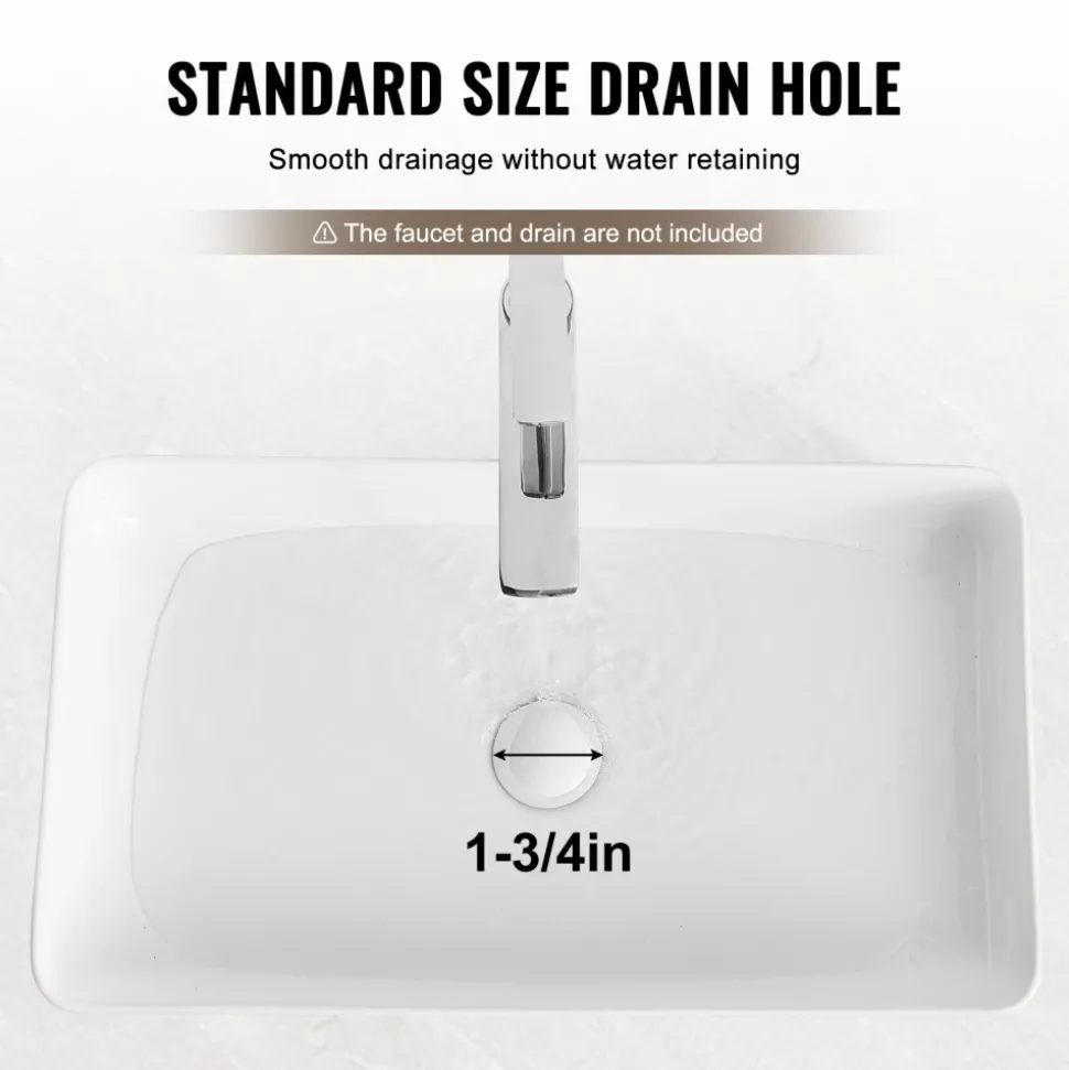 VEVOR Rectangle Vessel Sink, 24" x 13.8" Bathroom Vessel Sink Countertop, White Ceramic Bathroom Sinks Above Counter, Modern Style, Bright and Elegant, Well-Packaged for Bathroom, Hotel, Toilet, RV
