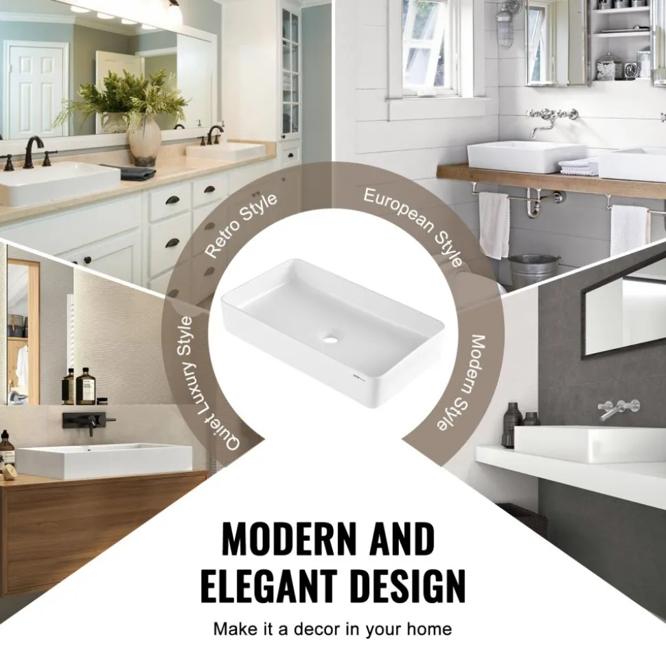 VEVOR Rectangle Vessel Sink, 24" x 13.8" Bathroom Vessel Sink Countertop, White Ceramic Bathroom Sinks Above Counter, Modern Style, Bright and Elegant, Well-Packaged for Bathroom, Hotel, Toilet, RV