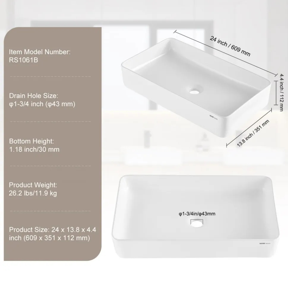 VEVOR Rectangle Vessel Sink, 24" x 13.8" Bathroom Vessel Sink Countertop, White Ceramic Bathroom Sinks Above Counter, Modern Style, Bright and Elegant, Well-Packaged for Bathroom, Hotel, Toilet, RV