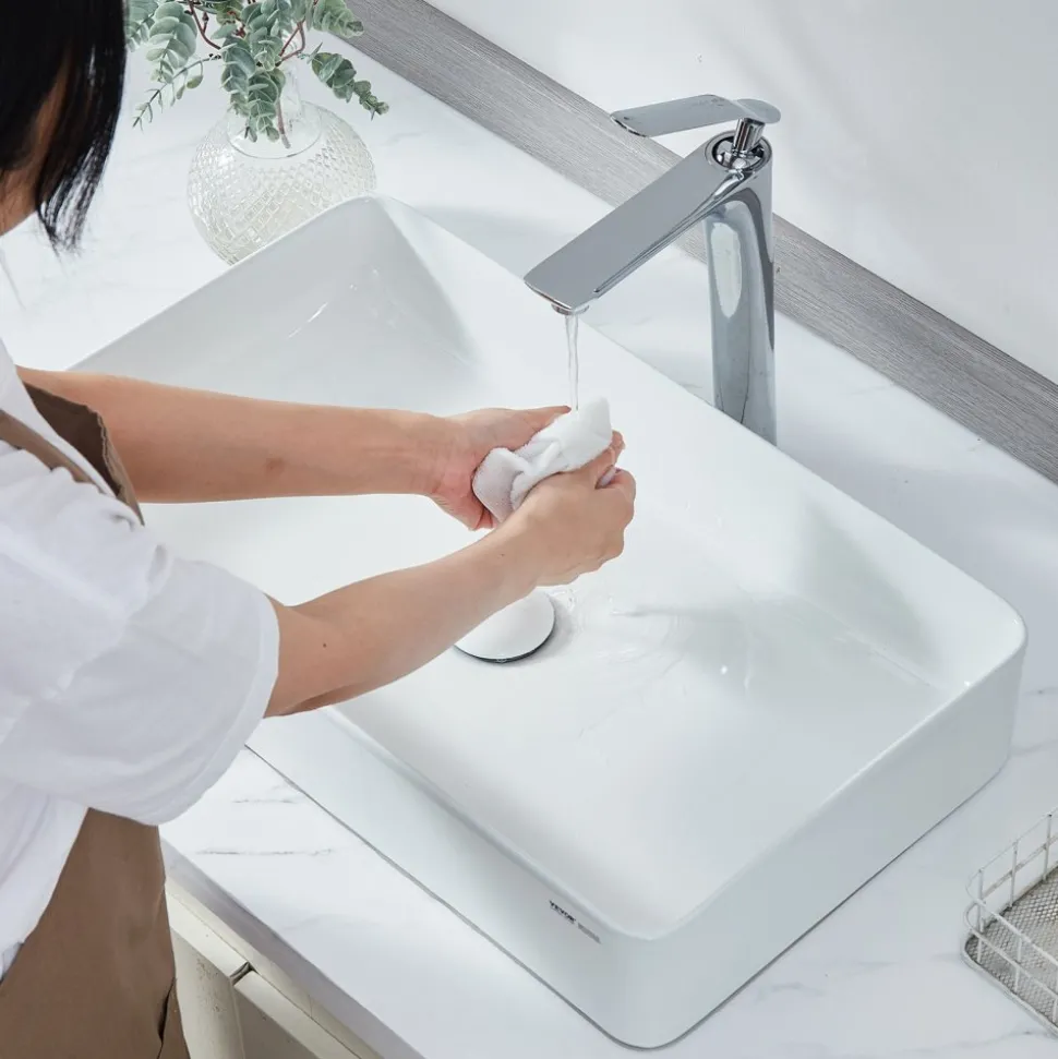 VEVOR Rectangle Vessel Sink, 24" x 13.8" Bathroom Vessel Sink Countertop, White Ceramic Bathroom Sinks Above Counter, Modern Style, Bright and Elegant, Well-Packaged for Bathroom, Hotel, Toilet, RV