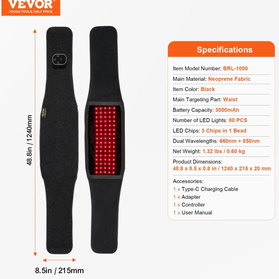 VEVOR Red Light Therapy Belt for Waist Shoulder, 660nm & 850nm Red Light Therapy Wrap Device with Timer, 80 LED, 3-Level Vibration & 10Hz Pulse, Cordless Light Therapy Pad for Pain Relief, Skin Health