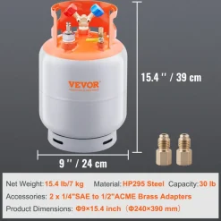 VEVOR Refrigerant Recovery Tank with Float Switch - 30 lb. Capacity ac Recovery Tank with ¼ to ½ Adaptor, Reusable Recovery Tank HVAC for All Refrigerant, Prevent Overflow, with Trace Amount of N₂