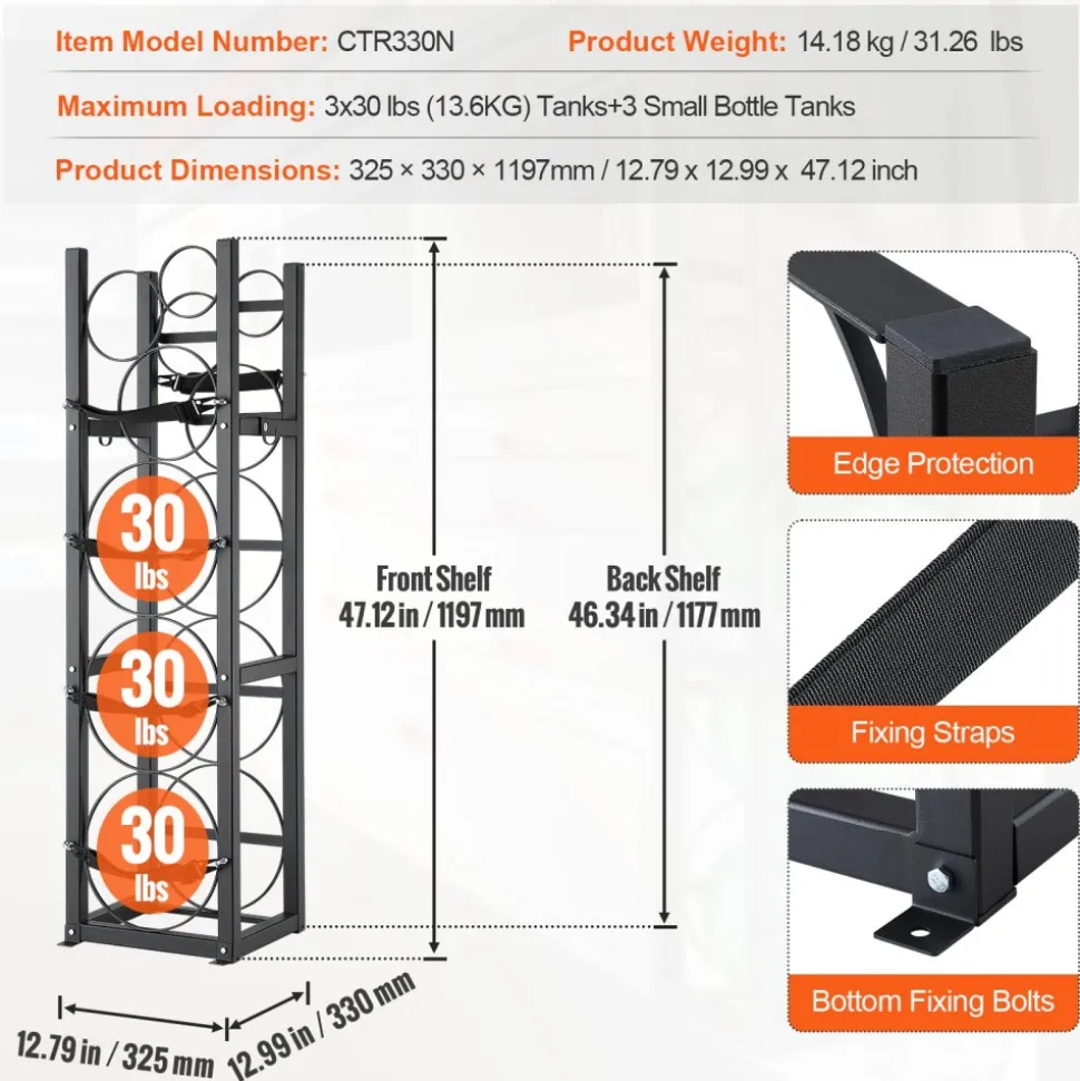 VEVOR Refrigerant Tank Rack, with 3 x 30lbs and Other 3 Small Bottle Tanks, Cylinder Tank Rack 12.79x12.99x47.12 in, Refrigerant Cylinder Rack and Holders for Freon, Gases, Oxygen, Nitrogen
