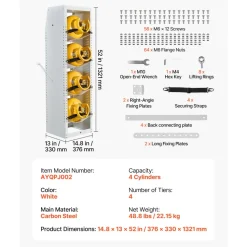 VEVOR Refrigerant Tank Rack, 14.8 x 13 x 52 inches, 4 Tiers for 4 Cylinder, with Top Storage Shelf, White Powder-Coated Carbon Steel, Cylinder Tank Rack for Cargo Van, Storing Oxygen, and Nitrogen
