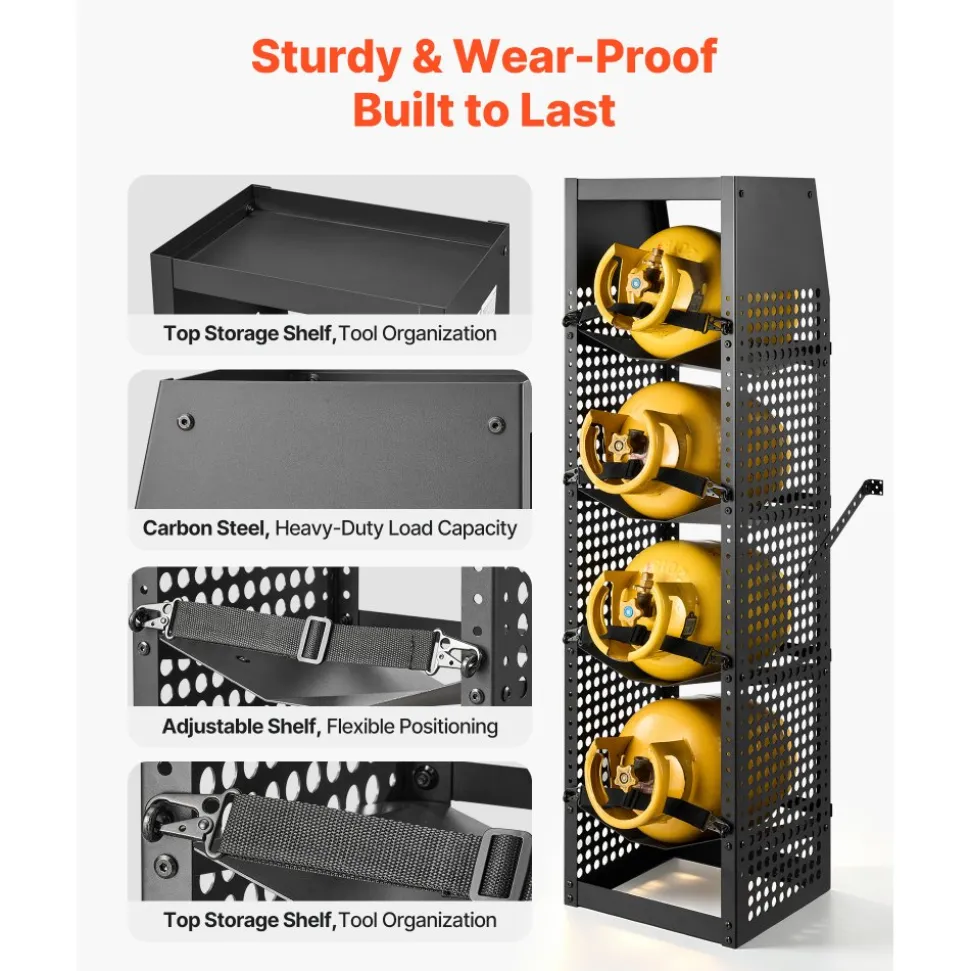 VEVOR Refrigerant Tank Rack, 14.8 x 13 x 52 inches, 4 Tiers for 4 Cylinder, with Top Storage Shelf, Black Powder-Coated Carbon Steel, Cylinder Tank Rack for Cargo Van, Storing Oxygen, and Nitrogen