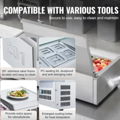 VEVOR Refrigerated Condiment Prep Station, 130 W Countertop Refrigerated Condiment Station, with 1 1/3 Pan & 4 1/6 Pans, 304 Stainless Body and PC Lid, Sandwich Prep Table with Stainless Guard, ETL