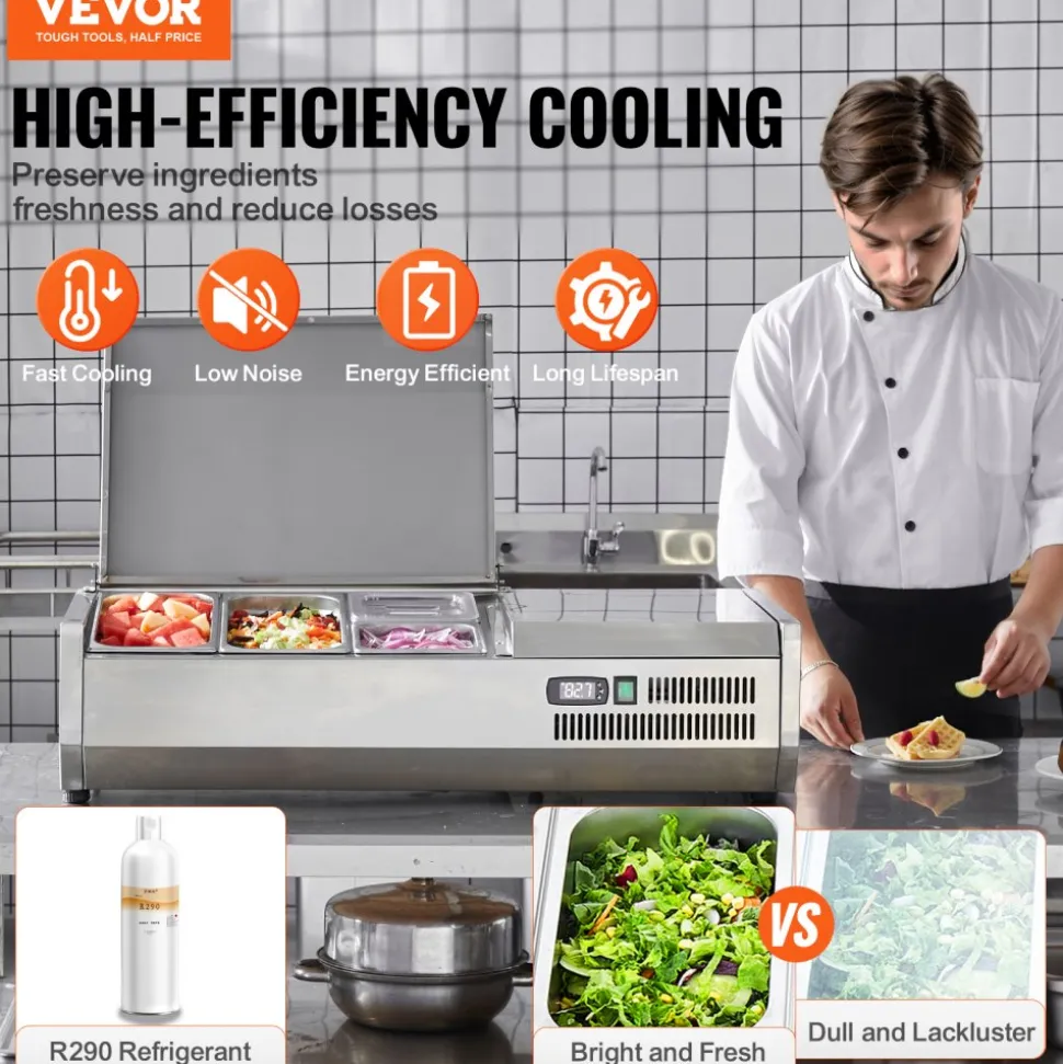 VEVOR Refrigerated Condiment Prep Station, 130 W Countertop Refrigerated Condiment Station, with 1 1/3 Pan & 4 1/6 Pans, 304 Stainless Body and PC Lid, Sandwich Prep Table with Stainless Guard, ETL
