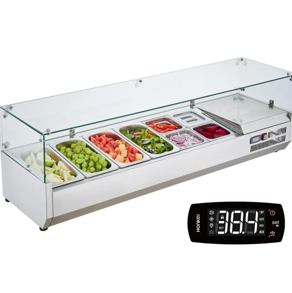 VEVOR Refrigerated Condiment Prep Station, 150 W Countertop Refrigerated Condiment Station, with 4 1/3 Pans & 4 1/6 Pans, 304 Stainless Body and PC Lid, Sandwich Prep Table with Glass Guard, ETL