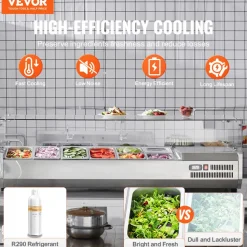 VEVOR Refrigerated Condiment Prep Station, 150 W Countertop Refrigerated Condiment Station, with 4 1/3 Pans & 4 1/6 Pans, 304 Stainless Body and PC Lid, Sandwich Prep Table with Glass Guard, ETL