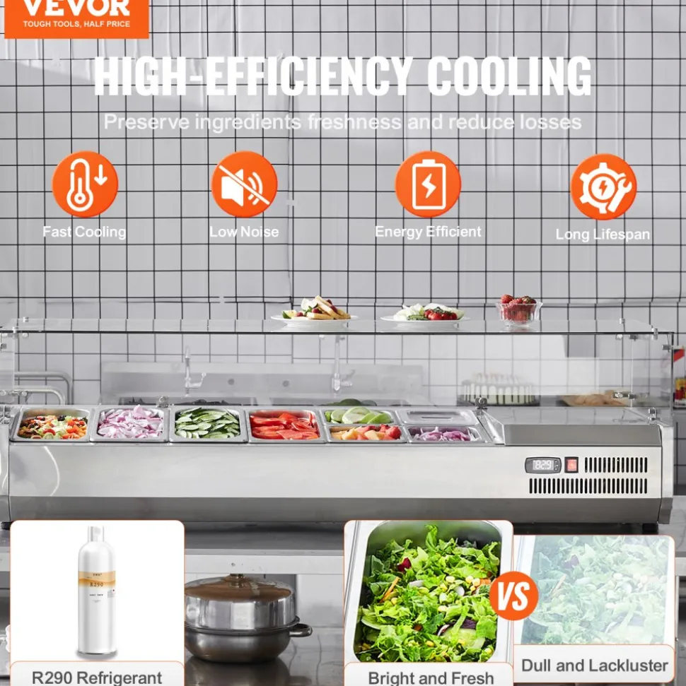 VEVOR Refrigerated Condiment Prep Station, 150 W Countertop Refrigerated Condiment Station, with 4 1/3 Pans & 4 1/6 Pans, 304 Stainless Body and PC Lid, Sandwich Prep Table with Glass Guard, ETL