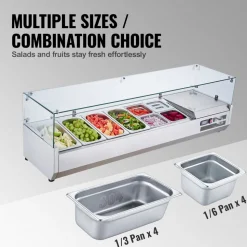 VEVOR Refrigerated Condiment Prep Station, 150 W Countertop Refrigerated Condiment Station, with 4 1/3 Pans & 4 1/6 Pans, 304 Stainless Body and PC Lid, Sandwich Prep Table with Glass Guard, ETL