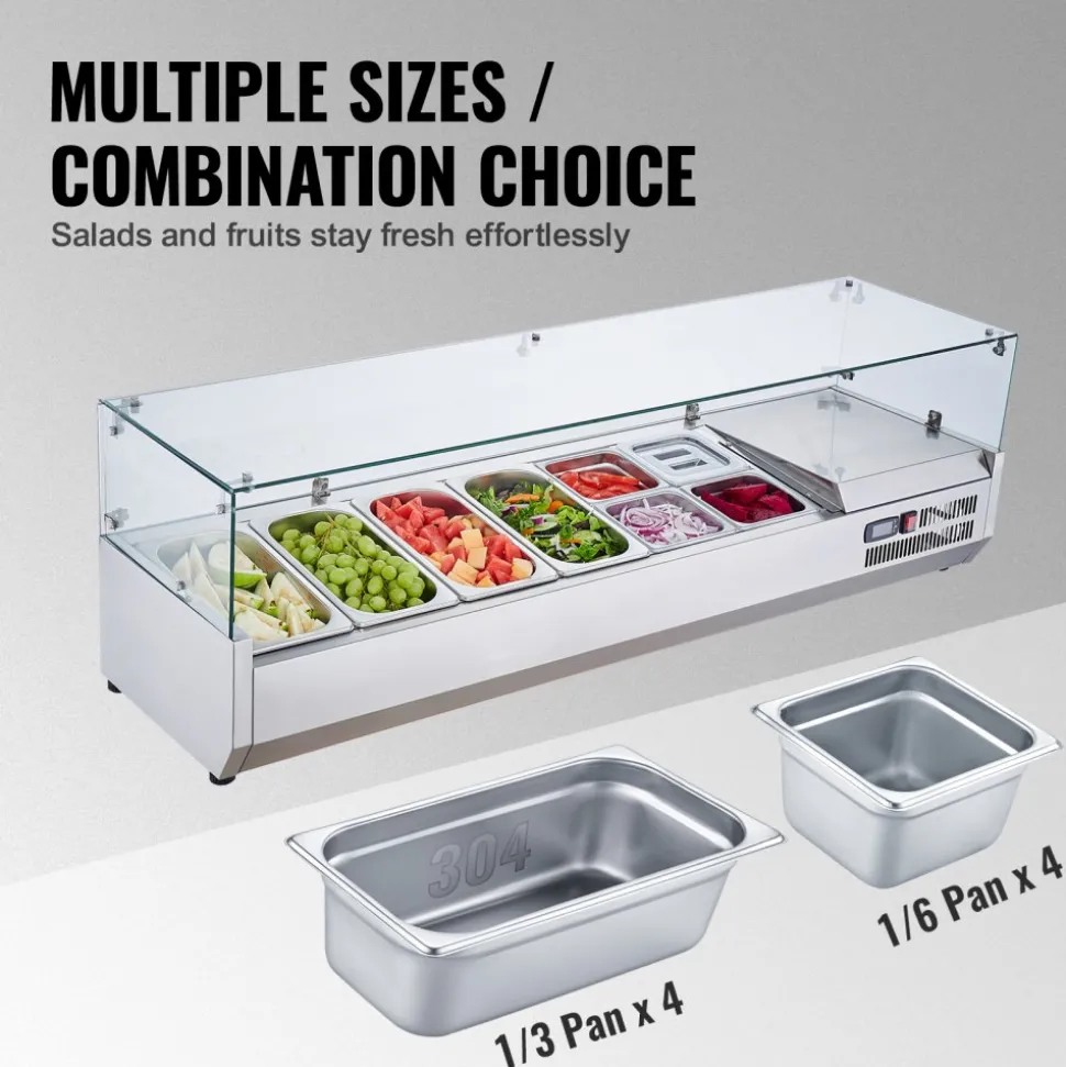 VEVOR Refrigerated Condiment Prep Station, 150 W Countertop Refrigerated Condiment Station, with 4 1/3 Pans & 4 1/6 Pans, 304 Stainless Body and PC Lid, Sandwich Prep Table with Glass Guard, ETL