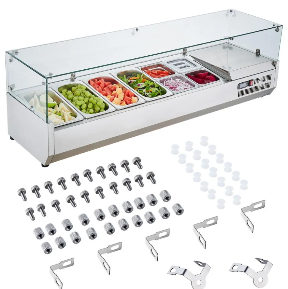 VEVOR Refrigerated Condiment Prep Station, 150 W Countertop Refrigerated Condiment Station, with 4 1/3 Pans & 4 1/6 Pans, 304 Stainless Body and PC Lid, Sandwich Prep Table with Glass Guard, ETL
