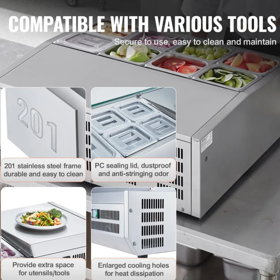 VEVOR Refrigerated Condiment Prep Station, 140 W Countertop Refrigerated Condiment Station, with 3 1/3 Pans & 4 1/6 Pans, 304 Stainless Body and PC Lid, Sandwich Prep Table with Glass Guard, ETL