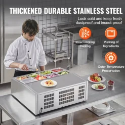 VEVOR Refrigerated Condiment Prep Station, 140 W Countertop Refrigerated Condiment Station, with 3 1/3 Pans & 4 1/6 Pans, 304 Stainless Body and PC Lid, Sandwich Prep Table with Glass Guard, ETL