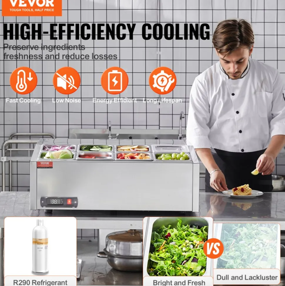 VEVOR Refrigerated Condiment Prep Station, 140 W Countertop Refrigerated Condiment Station, with 3 1/3 Pans & 4 1/6 Pans, 304 Stainless Body and PC Lid, Sandwich Prep Table with Glass Guard, ETL