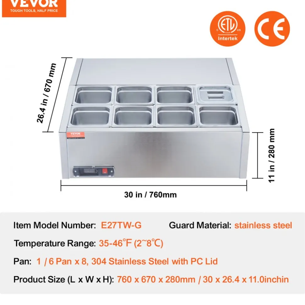 VEVOR Refrigerated Condiment Prep Station, 140 W Countertop Refrigerated Condiment Station, with 3 1/3 Pans & 4 1/6 Pans, 304 Stainless Body and PC Lid, Sandwich Prep Table with Glass Guard, ETL