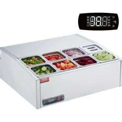 VEVOR Refrigerated Condiment Prep Station, 140 W Countertop Refrigerated Condiment Station, with 3 1/3 Pans & 4 1/6 Pans, 304 Stainless Body and PC Lid, Sandwich Prep Table with Glass Guard, ETL