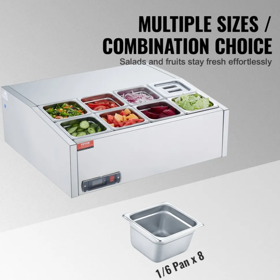 VEVOR Refrigerated Condiment Prep Station, 140 W Countertop Refrigerated Condiment Station, with 3 1/3 Pans & 4 1/6 Pans, 304 Stainless Body and PC Lid, Sandwich Prep Table with Glass Guard, ETL