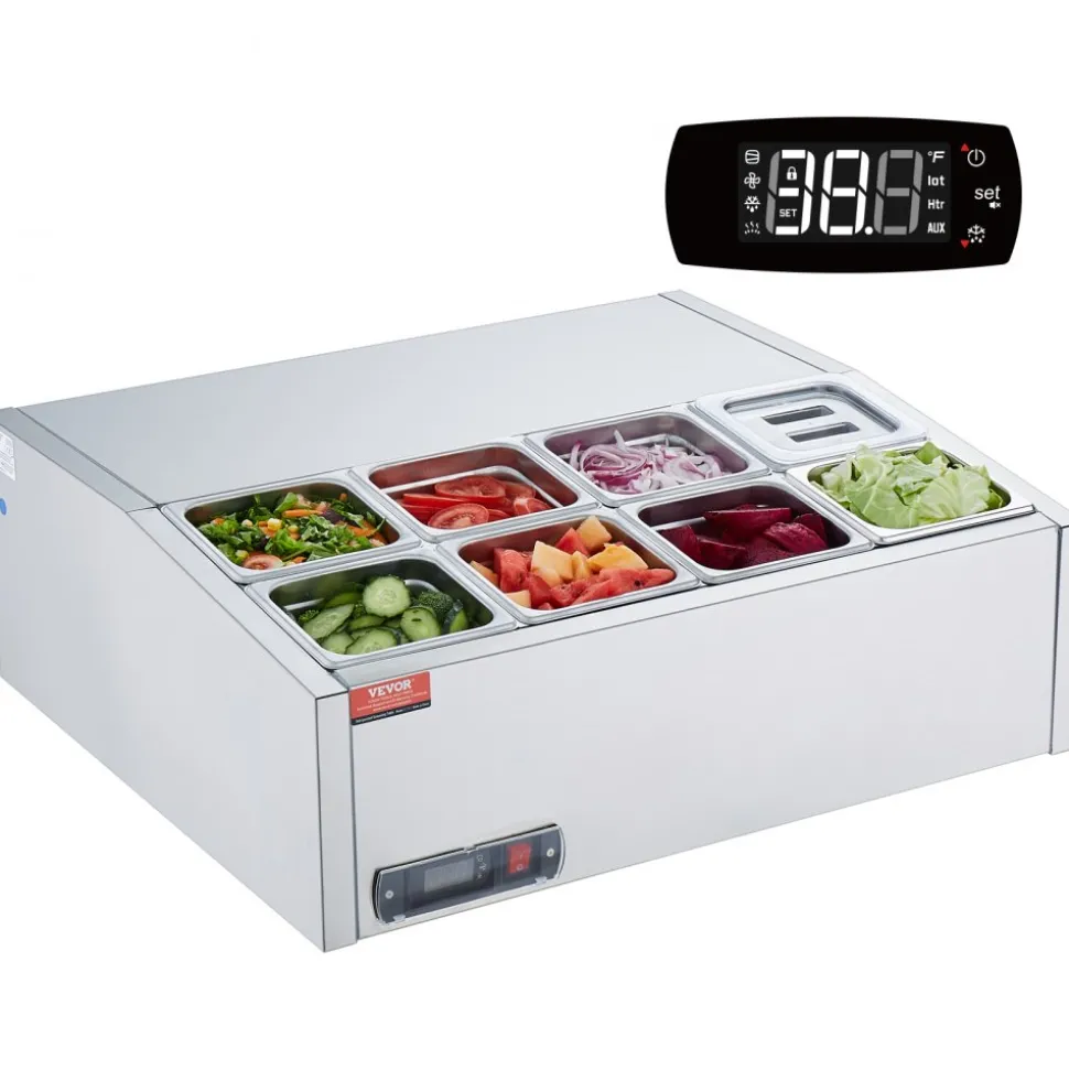 VEVOR Refrigerated Condiment Prep Station, 140 W Countertop Refrigerated Condiment Station, with 3 1/3 Pans & 4 1/6 Pans, 304 Stainless Body and PC Lid, Sandwich Prep Table with Glass Guard, ETL