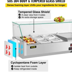 VEVOR Refrigerated Condiment Prep Station, 40-Inch, 7.8Qt Sandwich Prep Table with 1 1/3 Pan & 4 1/6 Pans, 150W Salad Bar with 304 Stainless Body Tempered Glass Shield Digital Temp Display Auto Defros