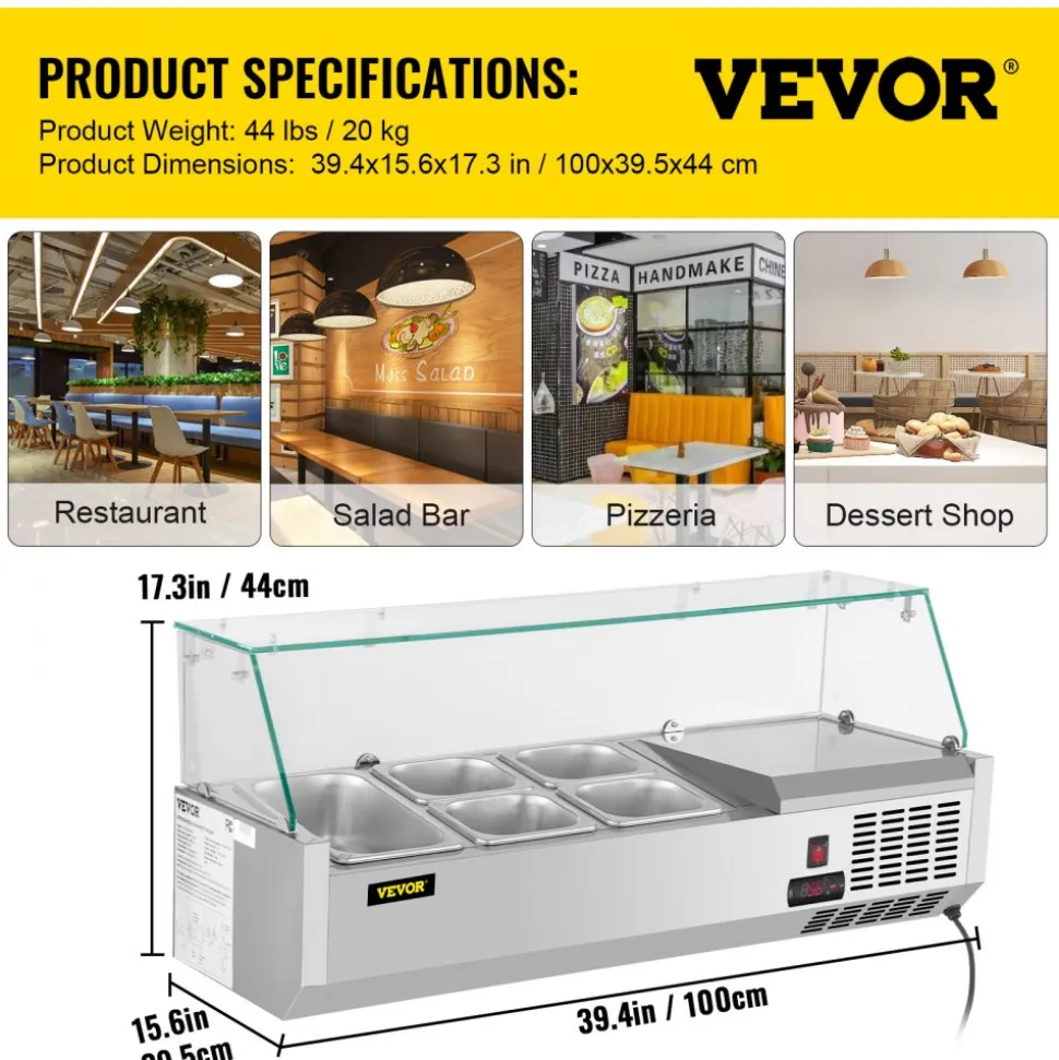 VEVOR Refrigerated Condiment Prep Station, 40-Inch, 7.8Qt Sandwich Prep Table with 1 1/3 Pan & 4 1/6 Pans, 150W Salad Bar with 304 Stainless Body Tempered Glass Shield Digital Temp Display Auto Defros