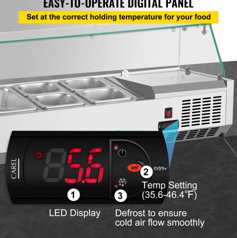 VEVOR Refrigerated Condiment Prep Station, 40-Inch, 7.8Qt Sandwich Prep Table with 1 1/3 Pan & 4 1/6 Pans, 150W Salad Bar with 304 Stainless Body Tempered Glass Shield Digital Temp Display Auto Defros